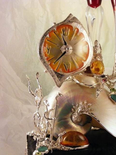 Gregory Pyra Piro Art Jewellery Clock Sculpture in sterling silver, 18 karat gold, ebony wood, enamel, nautilus shell, amber, drusy, facet peridot, facet garnet, facet amethyst, and pearls