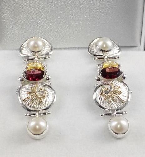 Øredobber 2932, sterlingsølv og gull, citrin, granat, perler, smykkekunst originale håndlaget, Gregory Pyra Piro