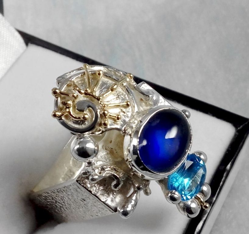 Ring 1625, Sterlingsølv og Gull, ametyst, blå topas, smykkekunst originale håndlaget, Gregory Pyra Piro