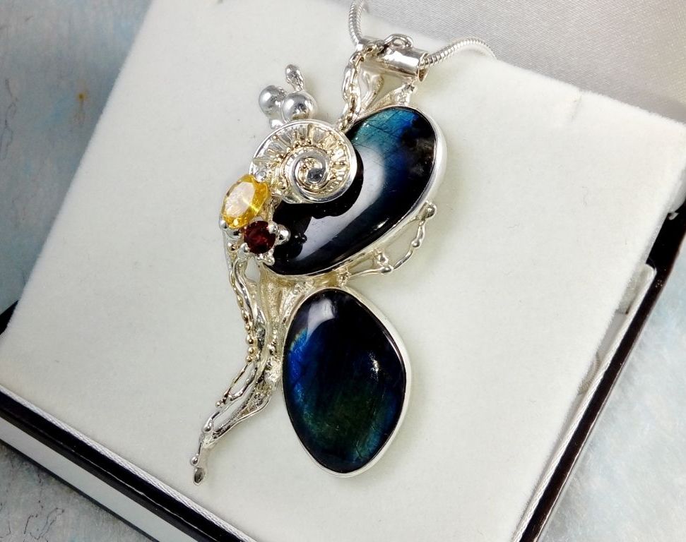 one of a kind pendant #35843, sterling silver, 14 karat gold, labrodirite, garnet, citrine, gregory pyra piro