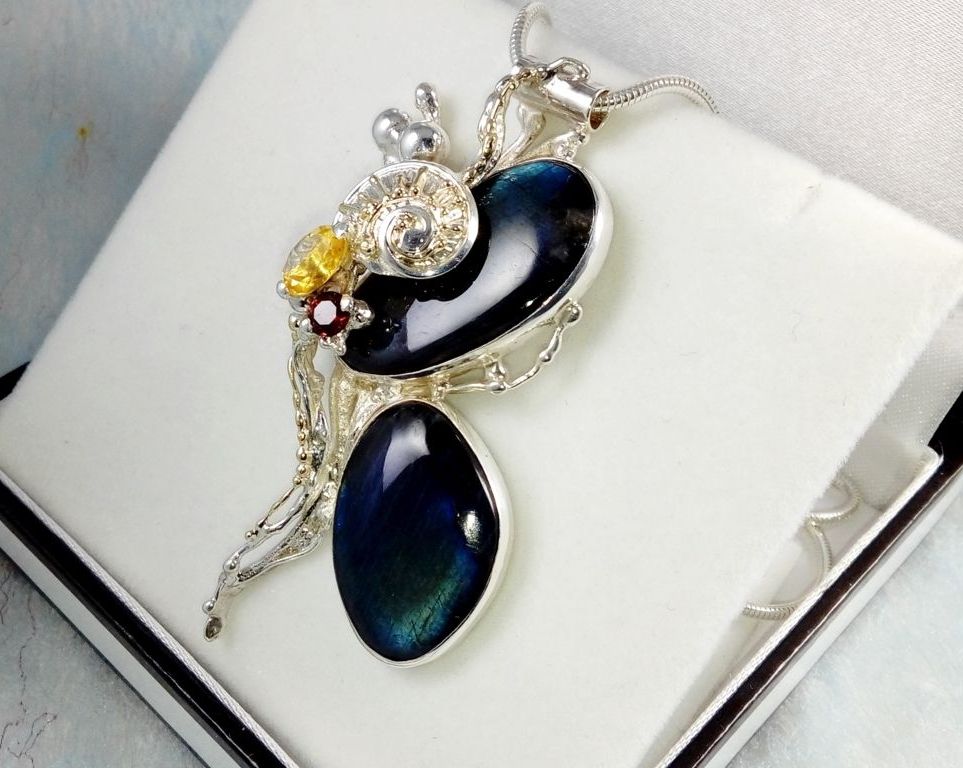 one of a kind pendant #35843, sterling silver, 14 karat gold, labrodirite, garnet, citrine, gregory pyra piro