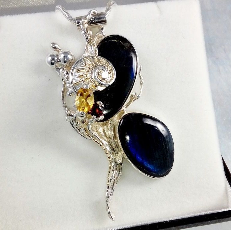 one of a kind pendant #35843, sterling silver, 14 karat gold, labrodirite, garnet, citrine, gregory pyra piro