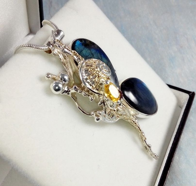 one of a kind pendant #35843, sterling silver, 14 karat gold, labrodirite, garnet, citrine, gregory pyra piro