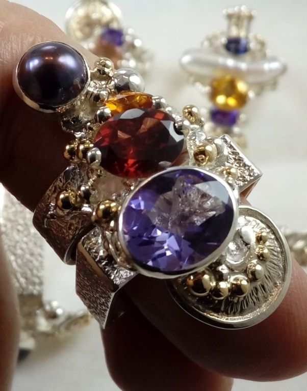 anillo plata de ley y oro 585 con piedras de moda, anillo para mujeres de plata de ley con piedras, joyas de autor plata de ley con piedras para mujeres, anillo 2631