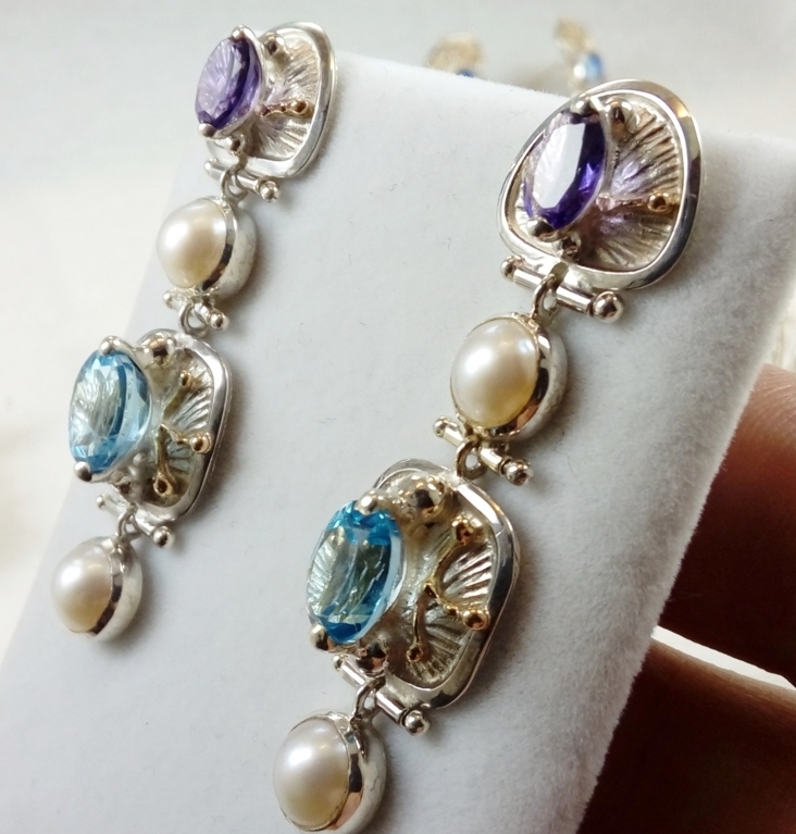 Pendientes 2933, plata de ley y oro 585, topacio azul, amatistas, perlas, original hecho a mano, Gregory Pyra Piro