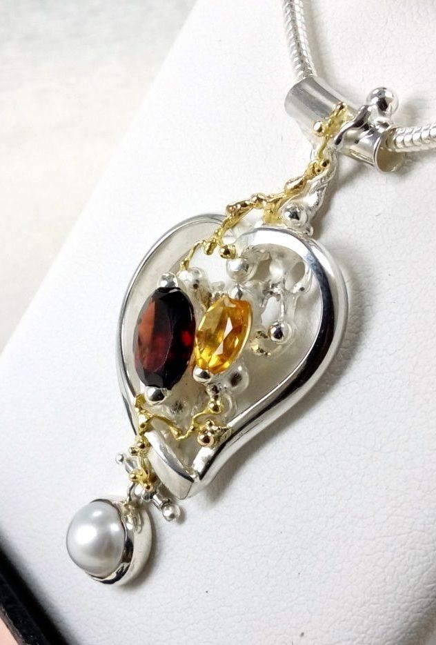 gregory pyra piro, hjerte anheng 5392, sterlingsølv, 14 karat gull, granat, citrin, perle, smykkekunst, originale håndlaget