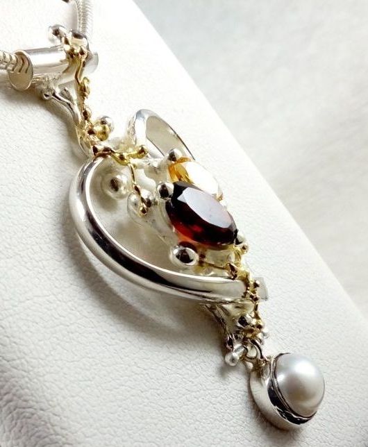 gregory pyra piro, hjerte anheng 5392, sterlingsølv, 14 karat gull, granat, citrin, perle, smykkekunst, originale håndlaget