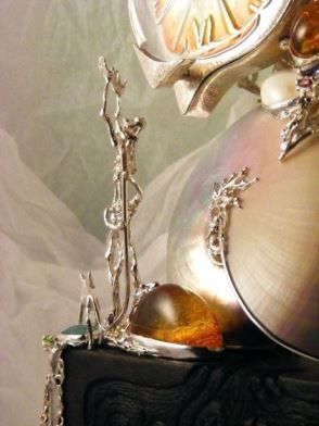 Gregory Pyra Piro Clock Sculpture in Oakwood, Sterling Silver, 14 Karat Gold, and Enamel with Nautilus Shell, Drusy, Amber, Facet Cut Garnet, Facet Cut Peridot, and Pearls