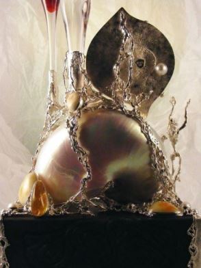 Gregory Pyra Piro Clock Sculpture in Oakwood, Sterling Silver, 14 Karat Gold, and Enamel with Nautilus Shell, Drusy, Amber, Facet Cut Garnet, Facet Cut Peridot, and Pearls