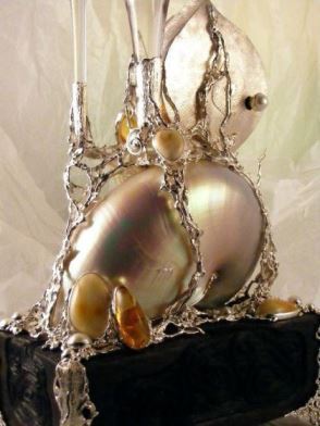 Gregory Pyra Piro Clock Sculpture in Oakwood, Sterling Silver, 14 Karat Gold, and Enamel with Nautilus Shell, Drusy, Amber, Facet Cut Garnet, Facet Cut Peridot, and Pearls