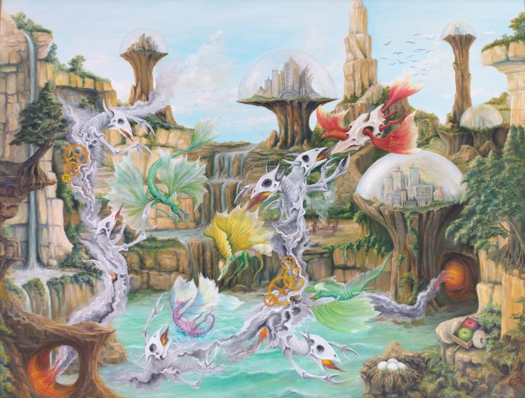 oil painting, gregory pyra piro, demons, dragons, skull vests, vegetation, lakes, waterfalls, human-like figures, caves, hills, mountains, domed architecture, skyscrapers