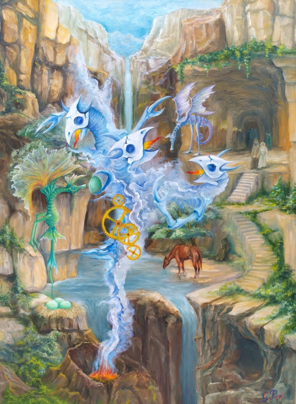 oil painting, gregory pyra piro, surrealism, nature, landscape, winged seahorse-like creatures, green eggs, nests, cinder cone volcano, demons, ravine, rocks, green vegetation, waterfalls, horse, caves