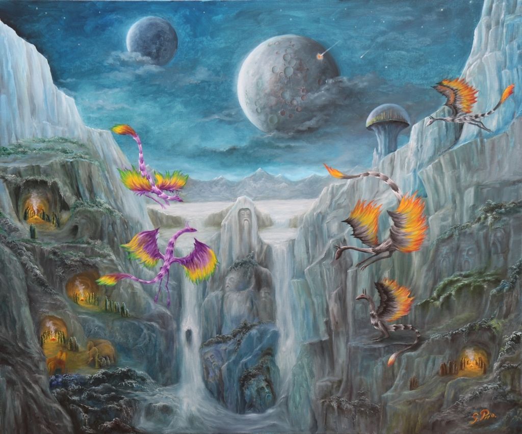 oil painting, gregory pyra piro, landscape, moons, celestial system, planet configuration, celestial bodies, meteor, life forms, dragon-like creatures, human-like beings, caves, waterfalls, mountains, stone sculptures, cities