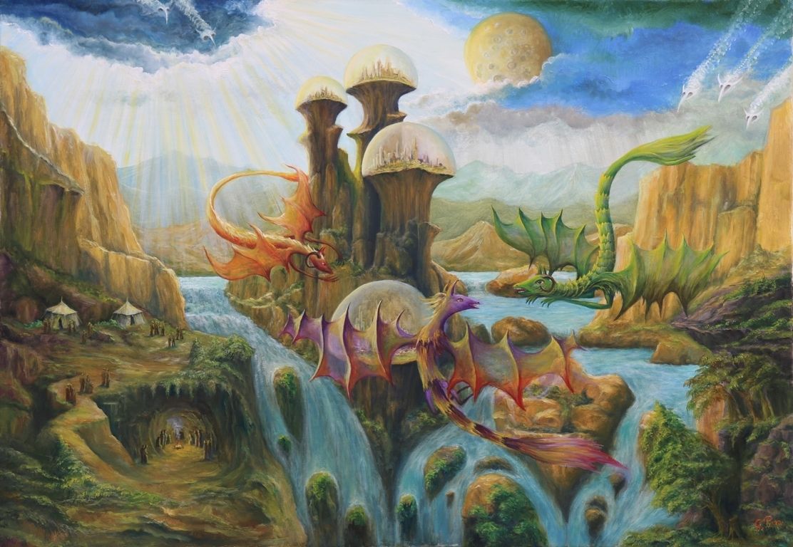 oil painting, unique, dimension, flying dragon creatures, transparent wings, landscape, green vegetation, mountains, streams, waterfalls, cave, fire, tent settlement, skyscrapers, domes, domed cities, clouds, ghostly figures, signature