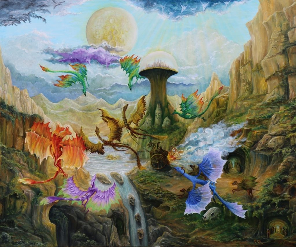 oil painting, serpents, dragons, landscape, lakes, mountains, caves, ethereal creatures, rock sculptures, celestial cities, moon, signature