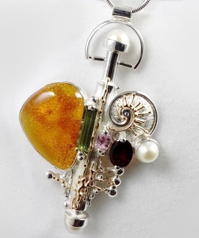 a collectible, one of a kind, perfume bottle pendant #365429, sterling silver, 14k gold, amber, green tourmaline, pink tourmaline, garnet, pearls, Gregory Pyra Piro