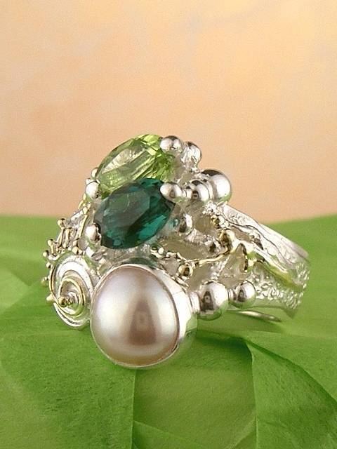 handmade jewelry with facet cut gemstones and cabochons, handcrafted jewelry with natural cabochon gemstones and pearls, jewelry with color cabochons and natural pearls, Bespoke Jewellery with Semi Precious Stones, Band #Ring 1438