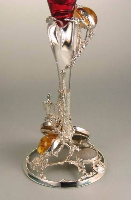 gregory pyra piro one of a kind chalice from sterling silver, 18 karat gold, glass, rhodolite, ammonite, agate crystal, amber