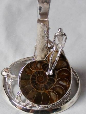 gregory pyra piro one of a kind chalice from sterling silver, 18 karat gold, glass,  hodolite, ammonite, agate crystal, amber