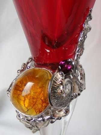 gregory pyra piro one of a kind chalice from sterling silver, 18 karat gold, glass,  hodolite, ammonite, agate crystal, amber