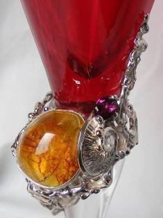 chalice in sterling silver and 14 karat gold, chalice with ammonite and amber, chalice with rhodolite and amber, chalice with ammonite and pearl, chalice with amber and pearl