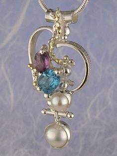 artisan made handcrafted jewelry,, jewellery with colour stones, jewellery with natural gemstones, jewellery with real pearls, where to buy jewellery for mature womens, jewellery from mixed metals with gemstones, facet cut amethyst and Blue Topaz #Pendant 5387