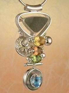 artisan made handcrafted jewelry,, jewellery with colour stones, jewellery with natural gemstones, jewellery with real pearls, where to buy jewellery for mature womens, jewellery from mixed metals with gemstones, facet cut citrine and peridot pendant 3843