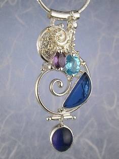 artisan made handcrafted jewelry,, jewellery with colour stones, jewellery with natural gemstones, jewellery with real pearls, where to buy jewellery for mature womens, jewellery from mixed metals with gemstones, facet cut amethyst and Blue Topaz #Pendant 5845