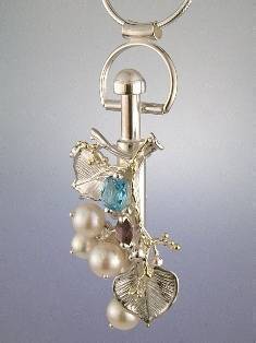 artisan made handcrafted jewelry,, jewellery with colour stones, jewellery with natural gemstones, jewellery with real pearls, where to buy jewellery for mature womens, jewellery from mixed metals with gemstones, facet cut amethyst and blue topaz perfume Bottle Pendant 7490
