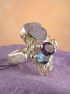 artisan made handcrafted jewelry,, jewellery with colour stones, jewellery with natural gemstones, jewellery with real pearls, where to buy jewellery for mature womens, jewellery from mixed metals with gemstones, facet cut amethyst and Blue Topaz #Ring Pendant 7562