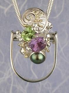 Gregory Pyra Piro One of a Kind Original #Handmade #Sterling #Silver and #Gold #Amethyst and facet cut peridot ring Pendant 2512