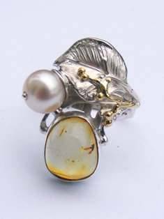 смешанные металлические украшения из серебра и золота, янтарь, жемчуг, Григорий Пыра Пиро кулон 5943