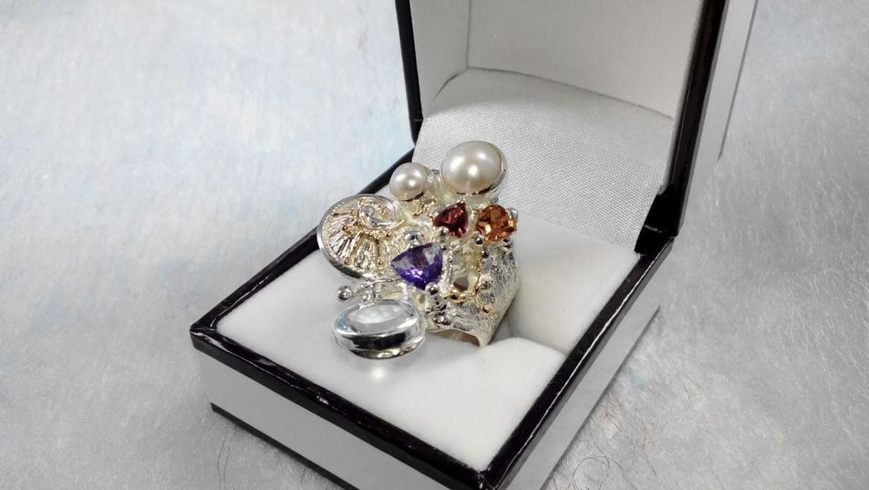 rings for women with Tourmaline #2050, Original Handcrafted, Sterling Silver and Gold, Tourmaline, Garnet, Amethyst, Blue Topaz, Pearls