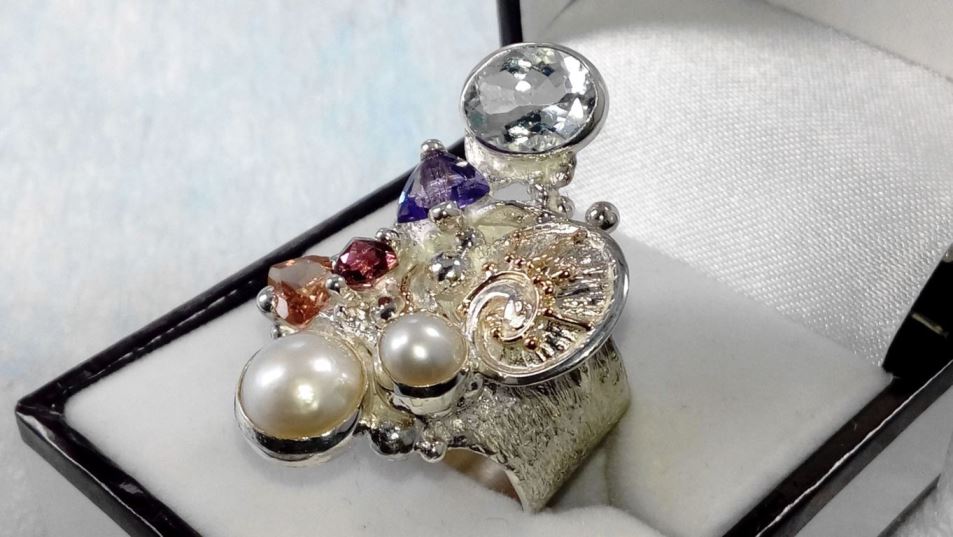 rings for women with Tourmaline #2050, Original Handcrafted, Sterling Silver and Gold, Tourmaline, Garnet, Amethyst, Blue Topaz, Pearls