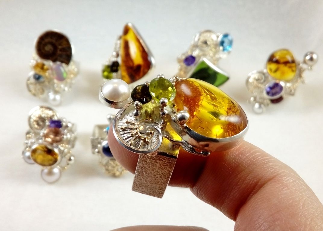 Peridot, Amber, Green Tourmaline, Collection of Rings, Bespoke Jewellery, One of a Kind, Original Handcrafted, Gregory Pyra Piro, Sterling Silver, 14k Gold, Natural Gemstones, Pearls