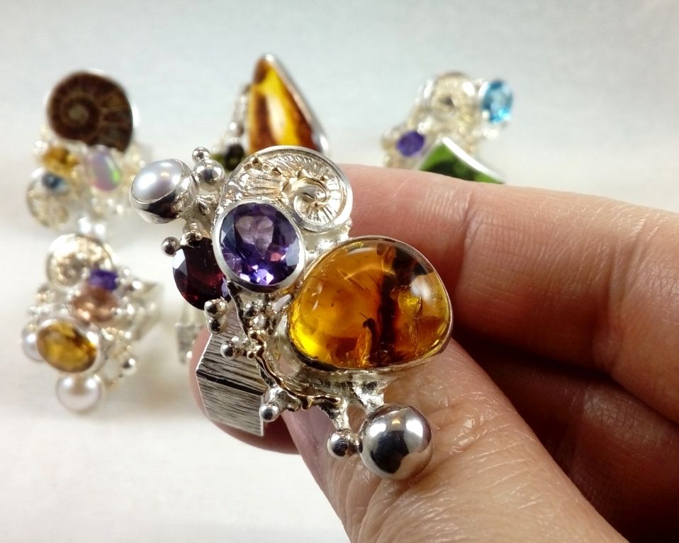 Amber, Garnet, Collection of Rings, Bespoke Jewellery, One of a Kind, Original Handcrafted, Gregory Pyra Piro, Sterling Silver, 14k Gold, Natural Gemstones, Pearls