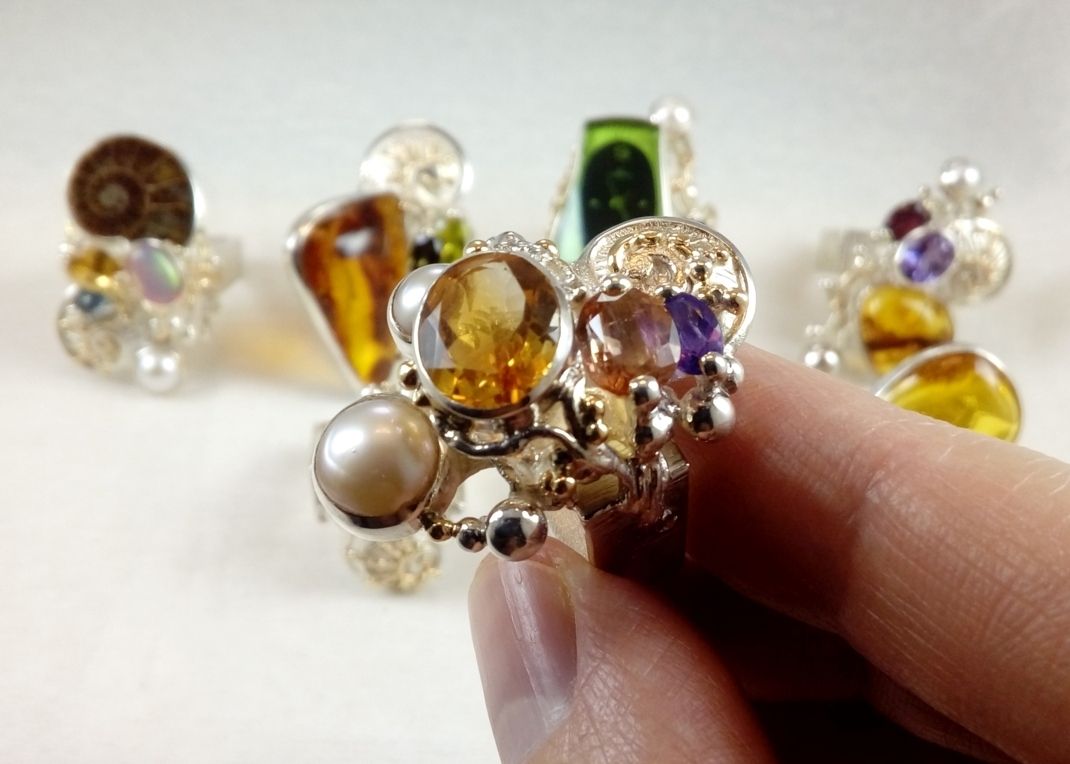 Citrine, Pink Tourmaline, Amethyst, Collection of Rings, Bespoke Jewellery, One of a Kind, Original Handcrafted, Gregory Pyra Piro, Sterling Silver, 14k Gold, Natural Gemstones, Pearls
