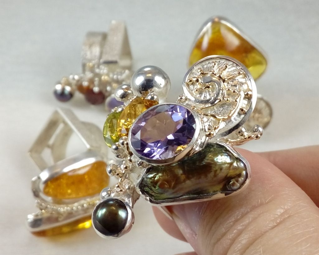 silver and gold reticulated jewellery with amethyst, Peridot, Citrine, Collection of Cyber Rings, Bespoke Jewellery, One of a Kind, Original Handcrafted, Gregory Pyra Piro, Sterling Silver, 14k Gold, Natural Gemstones, Pearls
