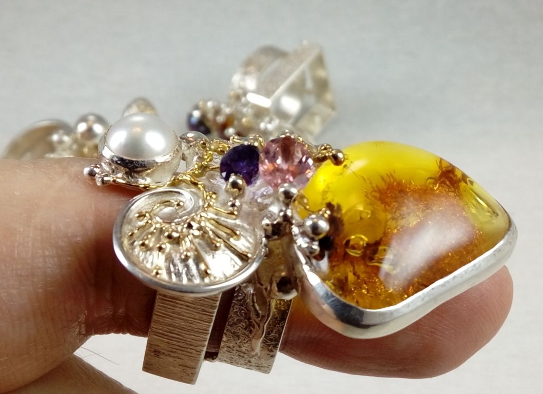 Amber, Pink Tourmaline, Amethyst, Collection of Cyber Rings,, Bespoke Jewellery, One of a Kind, Original Handcrafted, Gregory Pyra Piro, Sterling Silver, 14k Gold, Natural Gemstones, Pearls