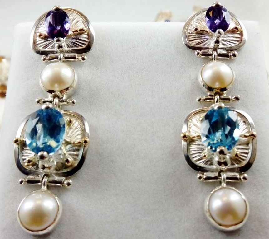 gregory pyra piro one of a kind handcrafted earrings 2933, sterling silver and 14k gold earrings, earrings with blue topaz and pearls, earrings with amethyst and blue topaz, earrings with amethyst and pearls, handcrafted earrings in art and craft galleries
