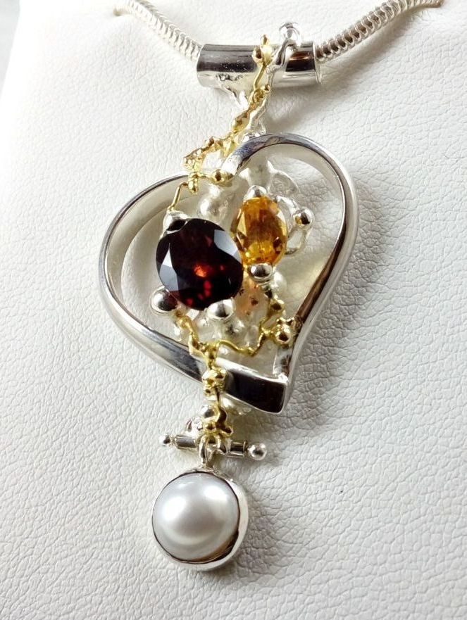 gregory pyra piro one of a kind heart pendant 5391, heart pendant with garnet and citrine, mixed metal pendants from silver and gold, heart pendants in art and craft galleries
