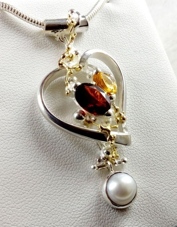 gregory pyra piro one of a kind heart pendant 5391, heart pendant with garnet and citrine, mixed metal pendants from silver and gold, heart pendants in art and craft galleries