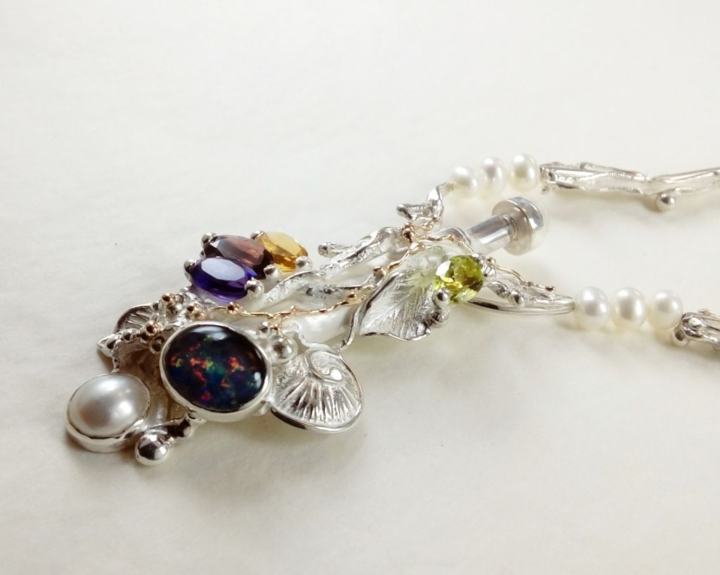 gregory pyra piro perfume bottle pendant #4401, handcrafted jewelry in silver with stones, jewelry inspired by retro fashion, jewelry sold in art galleries, handmade jewelry by artisans, jewelry handmade from gold and silver, perfume bottle made from silver and gold, perfume bottle with pearls, perfume bottle pendant, jewelry with opal and precious stones, pendant with amethyst and garnet, pendant with citrine and garnet, necklace with pearls and faceted gemstones, necklace with pearls and opal