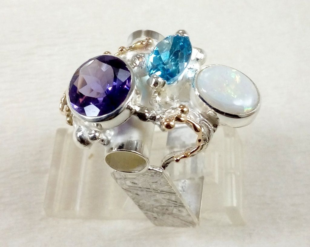 gregory pyra piro art jewelry, jewelry similar to american art, handcrafted ring 2055, rings for women with amethyst and blue topaz, rings for women with opal and gemstones, rings sold in art galleries, rings handmade by artist, jewelry shown on Instagram, jewelry shown in Facebook, jewellery like at the desire fair