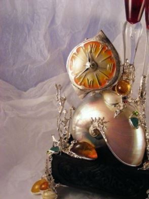 Gregory Pyra Piro Clock Sculpture in Oakwood, Sterling Silver, 14 Karat Gold, and Enamel with Nautilus Shell, Drusy, Amber, Facet Cut Garnet, Facet Cut Peridot, and Pearls