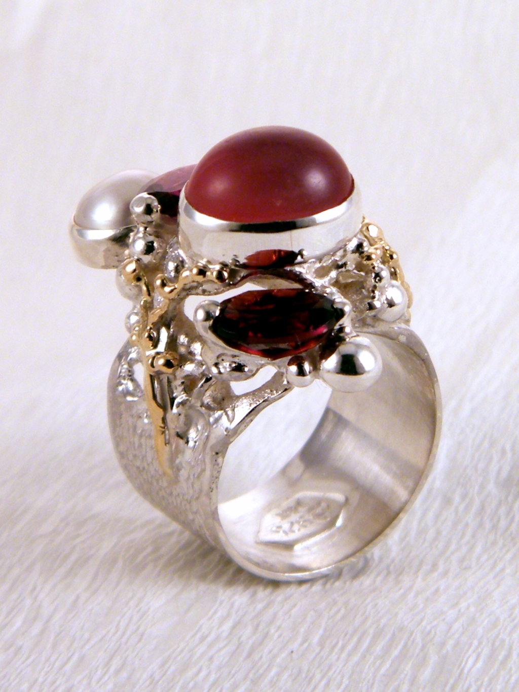 Gregory Pyra Piro Band Ring #6271 in Sterling Silver and 14k Gold with Garnet, Moonstone, and Pearl