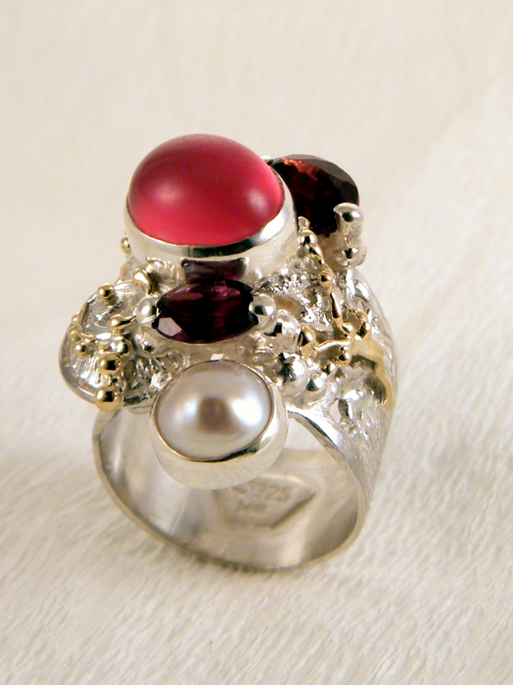 Gregory Pyra Piro Band Ring #6271 in Sterling Silver and 14k Gold with Garnet, Moonstone, and Pearl