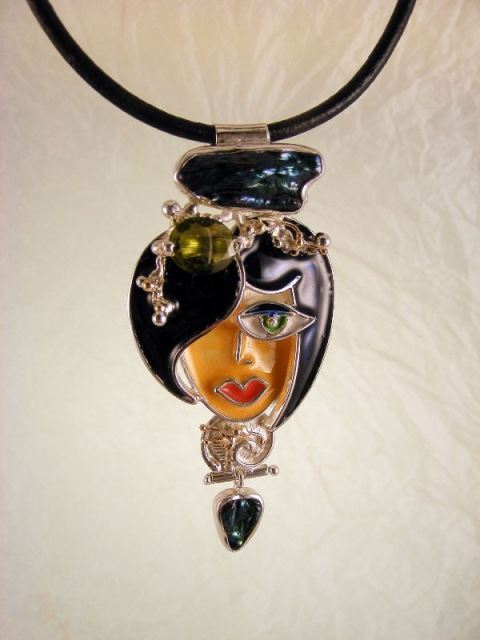 Gregory Pyra Piro Original Handmade Sterling Silver and Gold Pendant with Enamel and Gemstones 1879