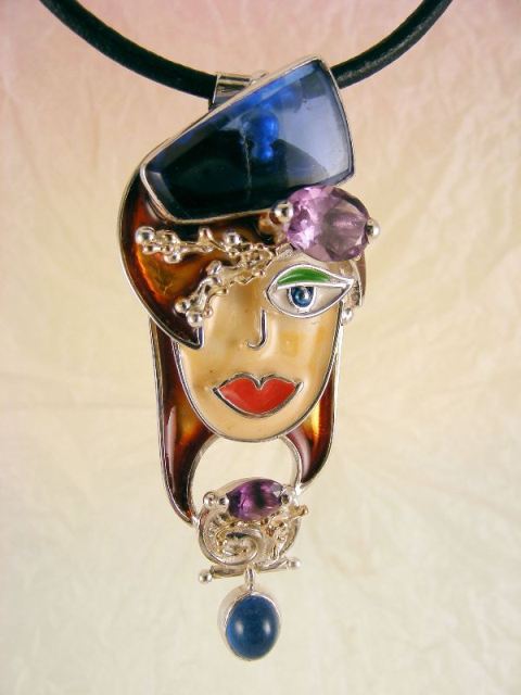 Gregory Pyra Piro Original Handmade Sterling Silver and Gold Pendant with Enamel and Gemstones 1808