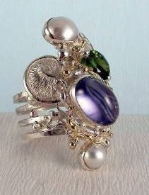 umělecké šperky, módní šperky, modní styl, sběratelská položka, stříbro a 18 karátové zlato, turmalín, perly, Gregory Pyra Piro spirálovy prstýnek 7053